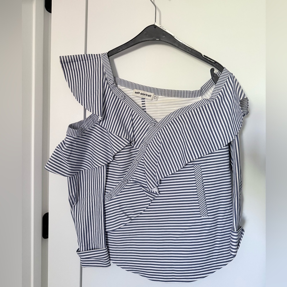 Self-Portrait Navy and White Ruffle Blouse